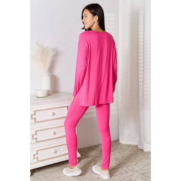 BASIC BAE Hot Pink V-Neck Soft Rayon Long Sleeve Top Pants Lounge Set NEW MIsses - Picture 2 of 7